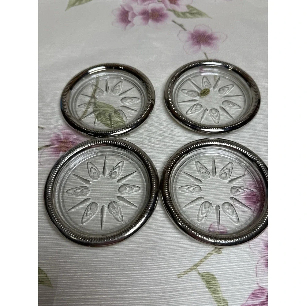 Vintage Glass Coasters Set of 4 Silver Tone Metal Rim Floral 3.5